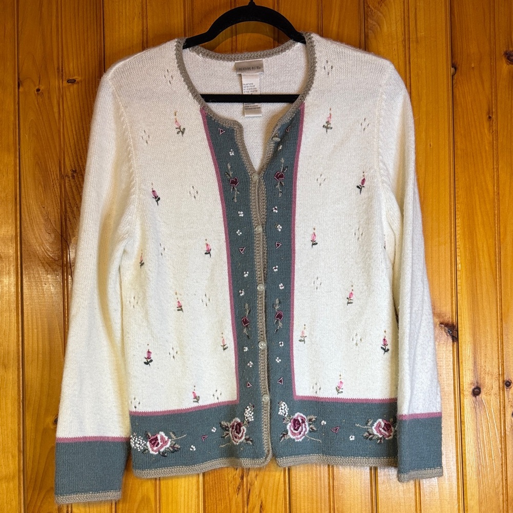 Koret Cream and Green Cardigan with Pink Accents